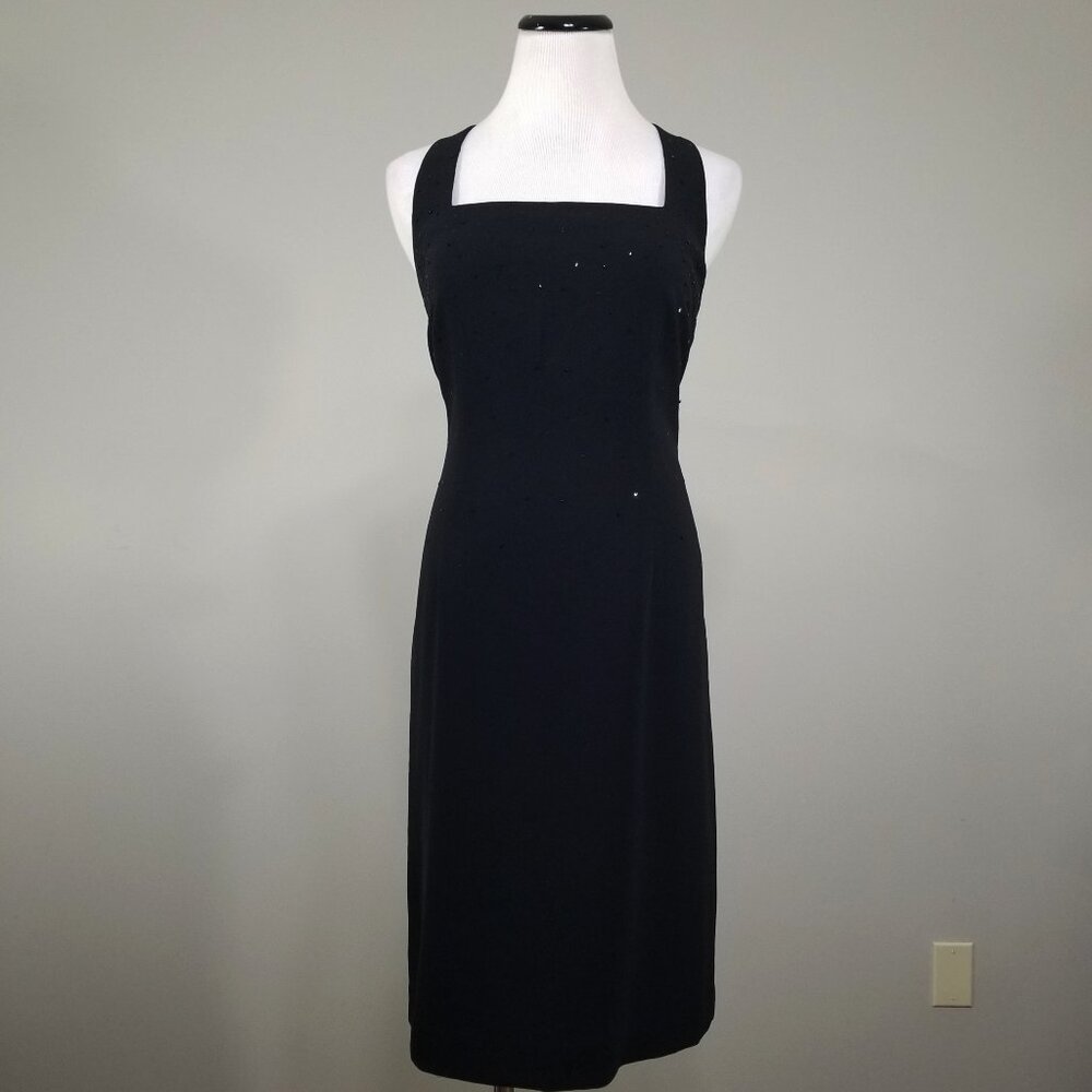 Evan Picone Black Sequin Sheath Dress 6 Vintage 90s Square Neck Micro Bead LBD